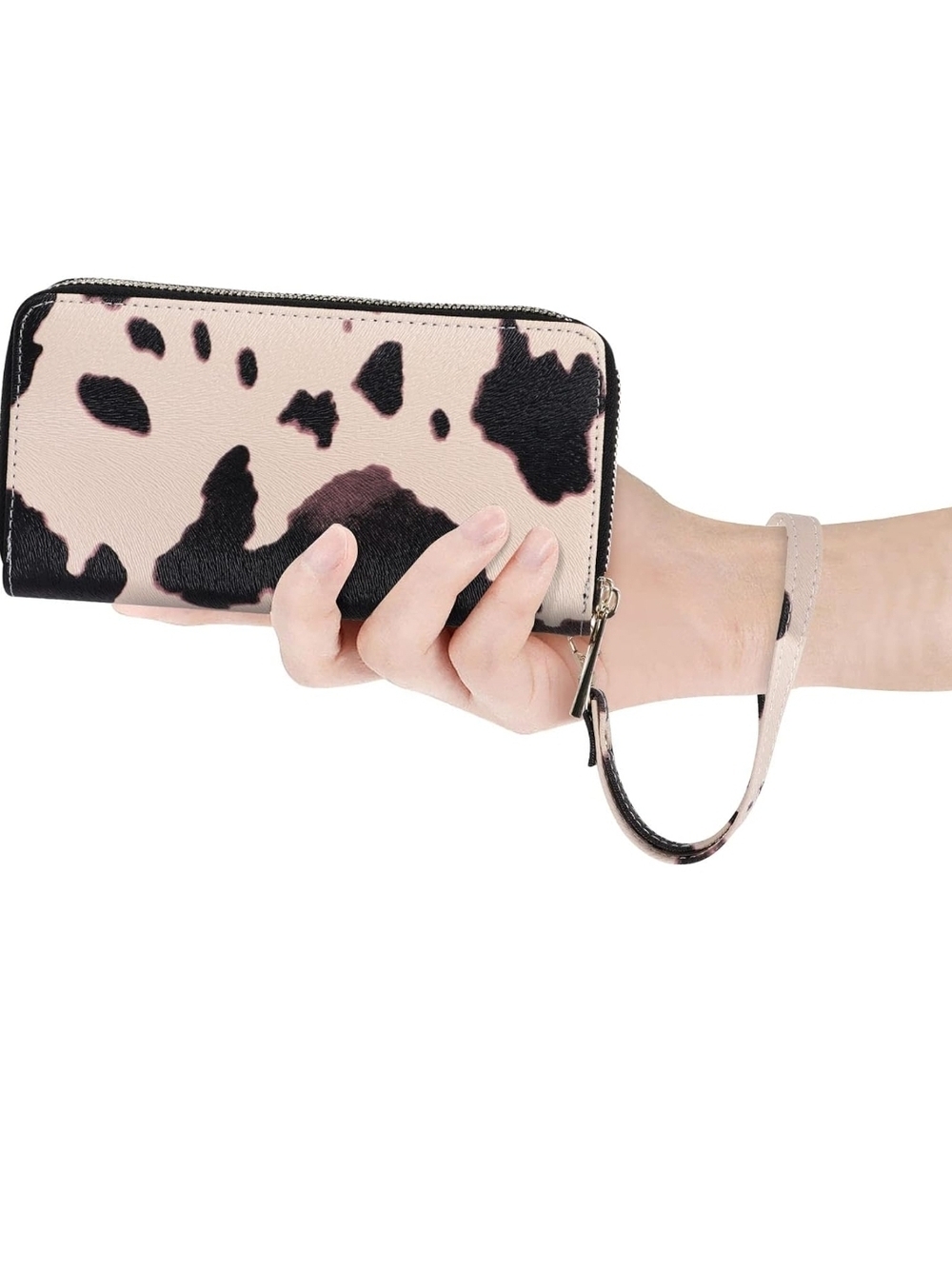 Cow Print Zip-Around Wristlet Wallet - Pink and Black